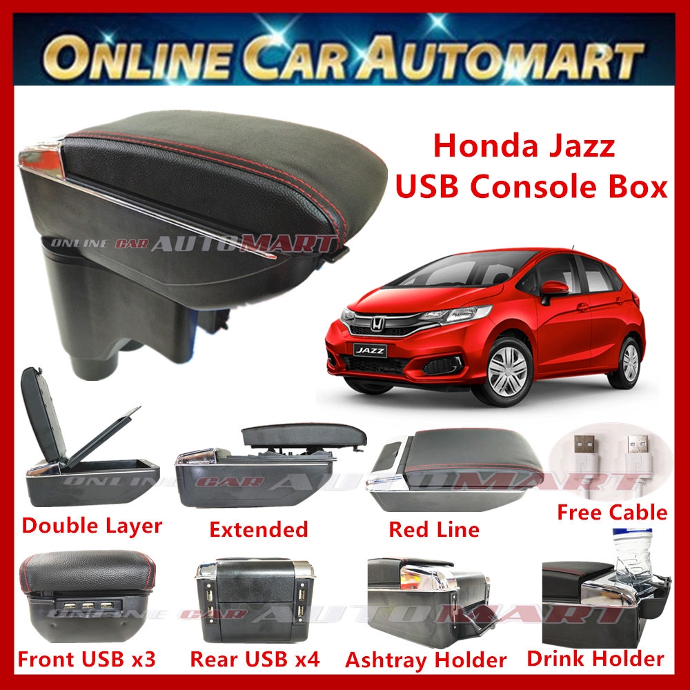 Honda Jazz 2013- Present 7 USB Charger Port PVC Adjustable Arm Rest/Armrest Center Console Box (Red Line)