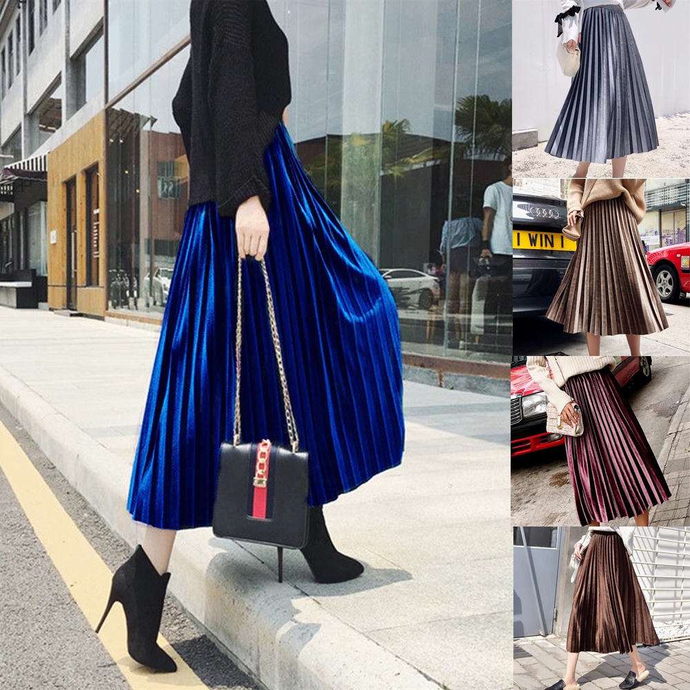 Ready Stock] 11 colors Velvet pleated skirt high waist a line retro long  skirt labuh kembang women skirt kembang labuh vintage skirt woman maxi  skirts | Shopee Malaysia