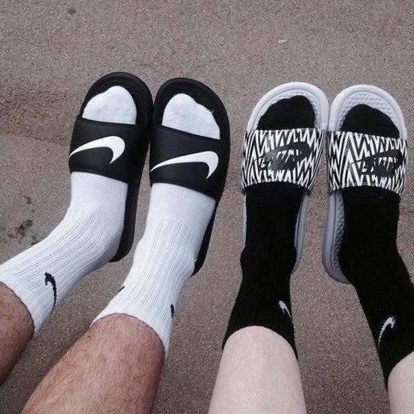 socks and nike slides