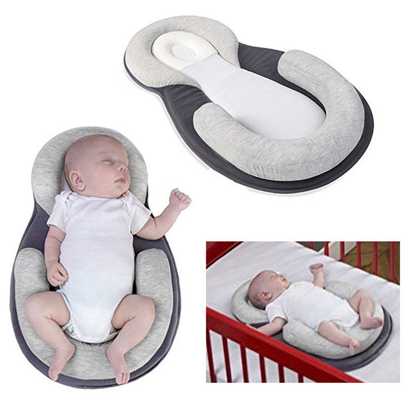 Gray Baby Lounger,Portable Baby Bed Sleeping Positioning Pad,Protector Baby Pillow Prevent Flat Head Shape Anti Roll Baby Mattress 