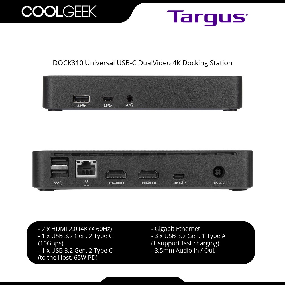 DOCK310 Targus Universal USBC Dual Video 4K Docking Station with 65W