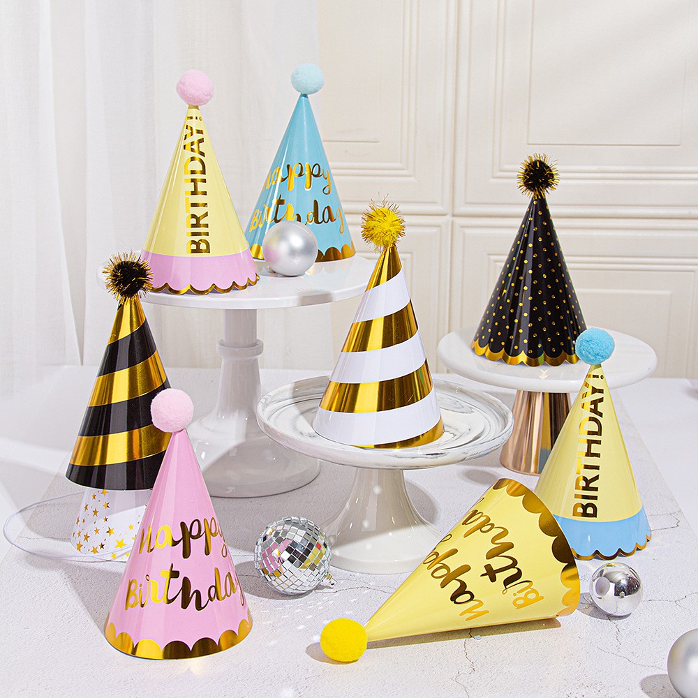 [READY STOCK] Happy Birthday Hat Children Plush Ball Cone Cap Bronzing ...