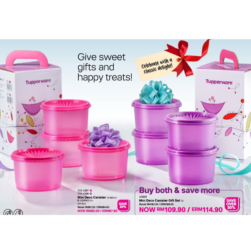 Tupperware Mini Deco Canister Gift Set (4) 600ml Pink/Purple / Both Color Set / Full Set Of Pink or Purple