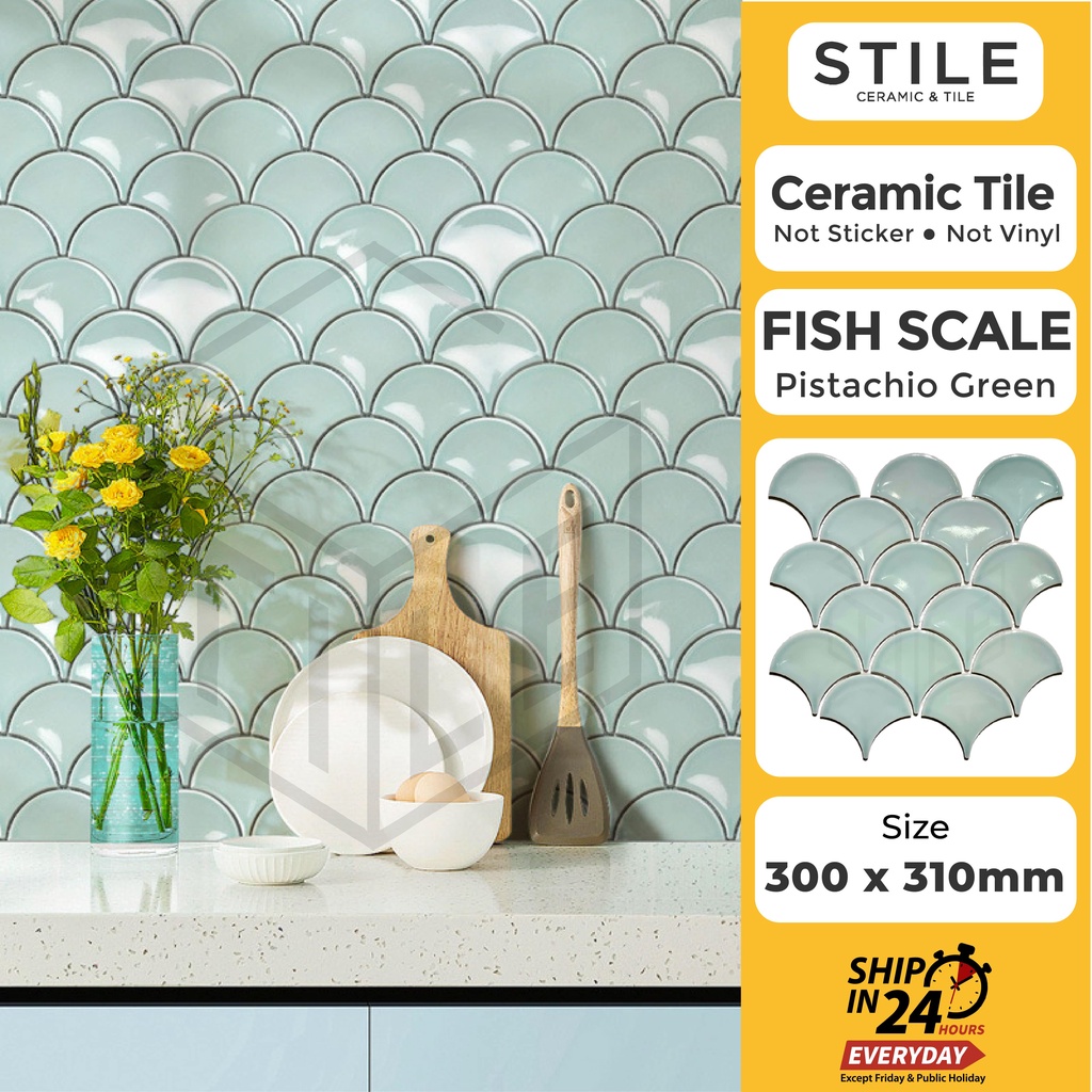 [REAL TILE]10 PCS FISHSCALE GREEN MOSAIC TILES /MOZEK/CERAMIC TILES/MOZEK DAPUR/WALL TILE/MOZEK CERAMIC/JUBIN CANTIK