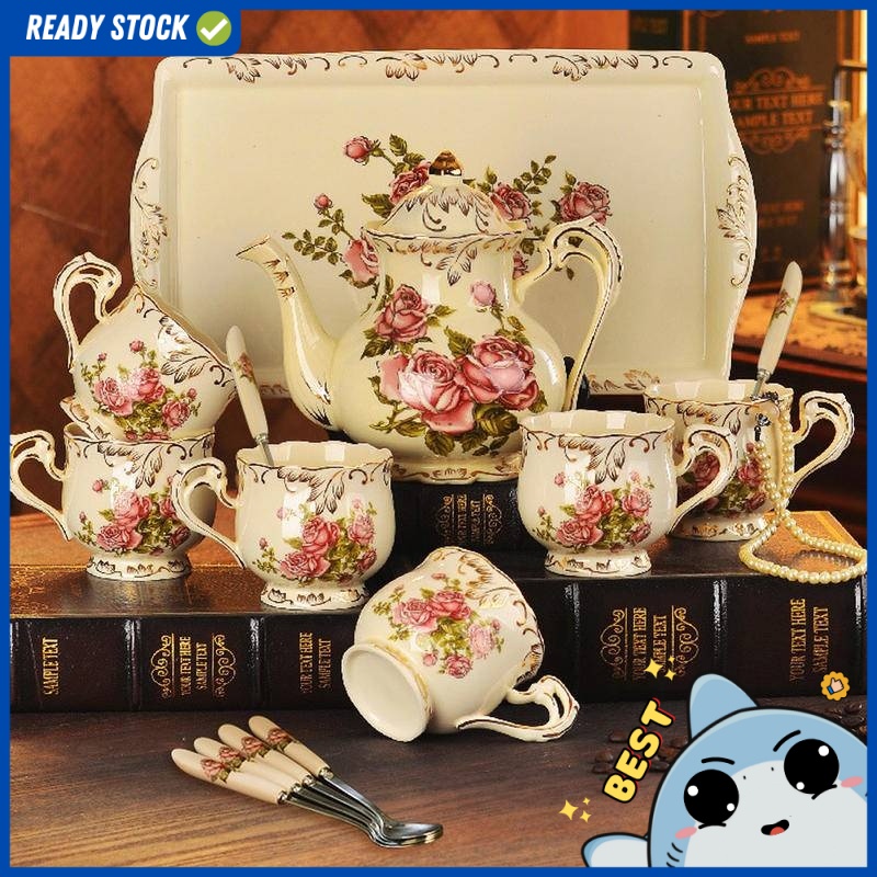 YU Ready Stock European Luxury "Rose" & "Flora" Ceramic Tea Set with gift box / wedding gift / Door gift / High Tea Set