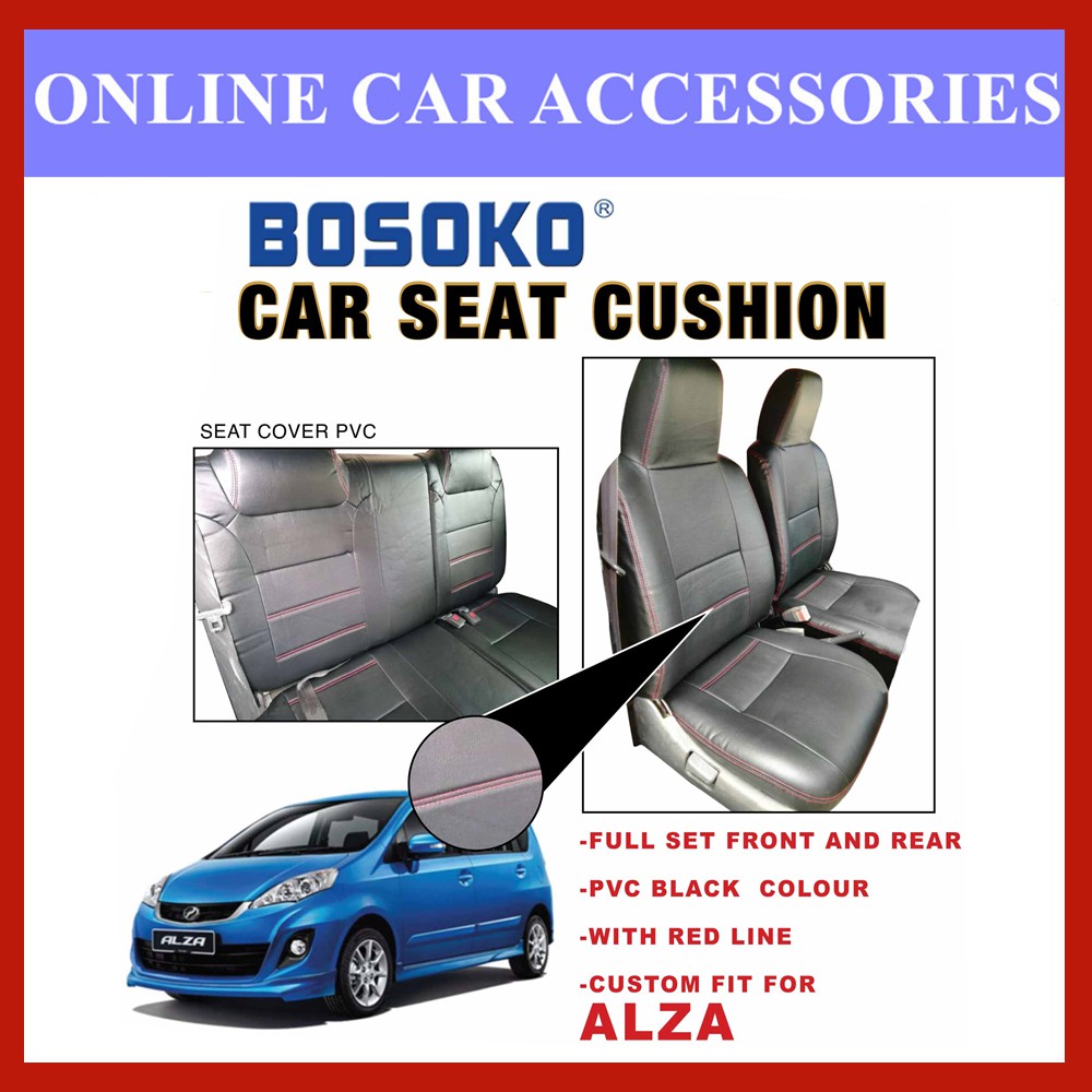 Perodua Alza (Back Seat 4 Pieces) - Custom Fit OEM Car Seat Cushion Cover PVC Black Colour Shining With Red Line