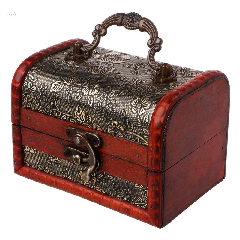 LIVI Small Vintage Jewelry Box Treasure Organizer Handmade Wooden Locking Case