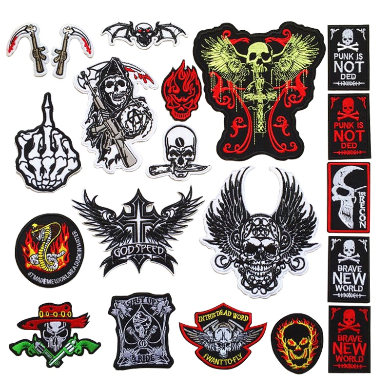 Death Sickle Skull Vertical Middle Finger Wings Series Embroidery Cloth Stickers Clothes Badges Armbands Pants Patch Decals With Adhesive Can Be Ironed Sewn Unique diy Materials Phone Case Decoration