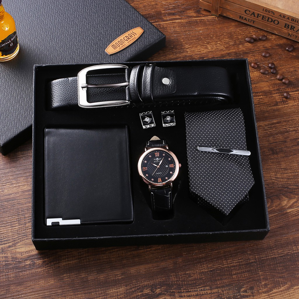 Ready Stock 5pcs Set Men S Watches Wallet Belt Gift Set Boutique Men Wrist Watch Belt Folding Wallet Tie Suit Present Box Gift Sets For Men S Dad Father S Day Birthday Gifts Valentine S Day Gifts Men S