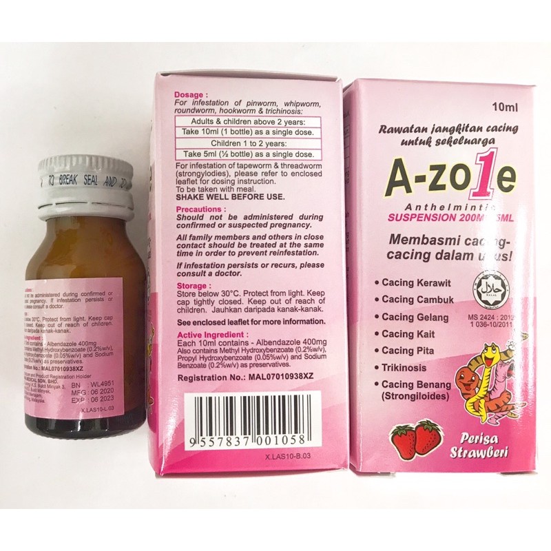 蛔虫药A-ZOLE SUSPENSION Albendazole（10ML）Ubat Cacing Deworm 