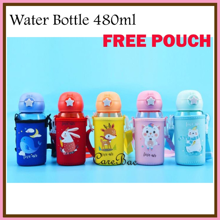 Kid's Straw Bottle Drinking Bottle Botol Air Kanak 480ml Free Pouch 