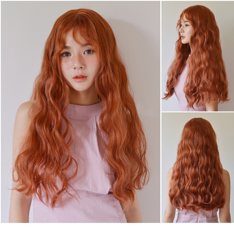 Auburn Ginger Mix Long Wavy Ladies Wig Synthetic Skin Top Natural