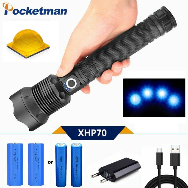200000LM XHP70 Tactical Led Flashlight USB Rechargeable Torch Zoomable 26650