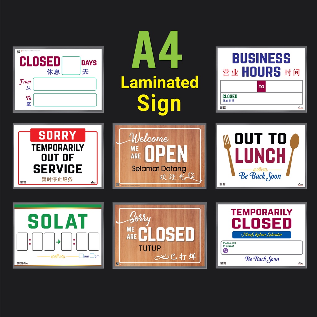 A4 laminated sign poster signage papan tanda open closed school