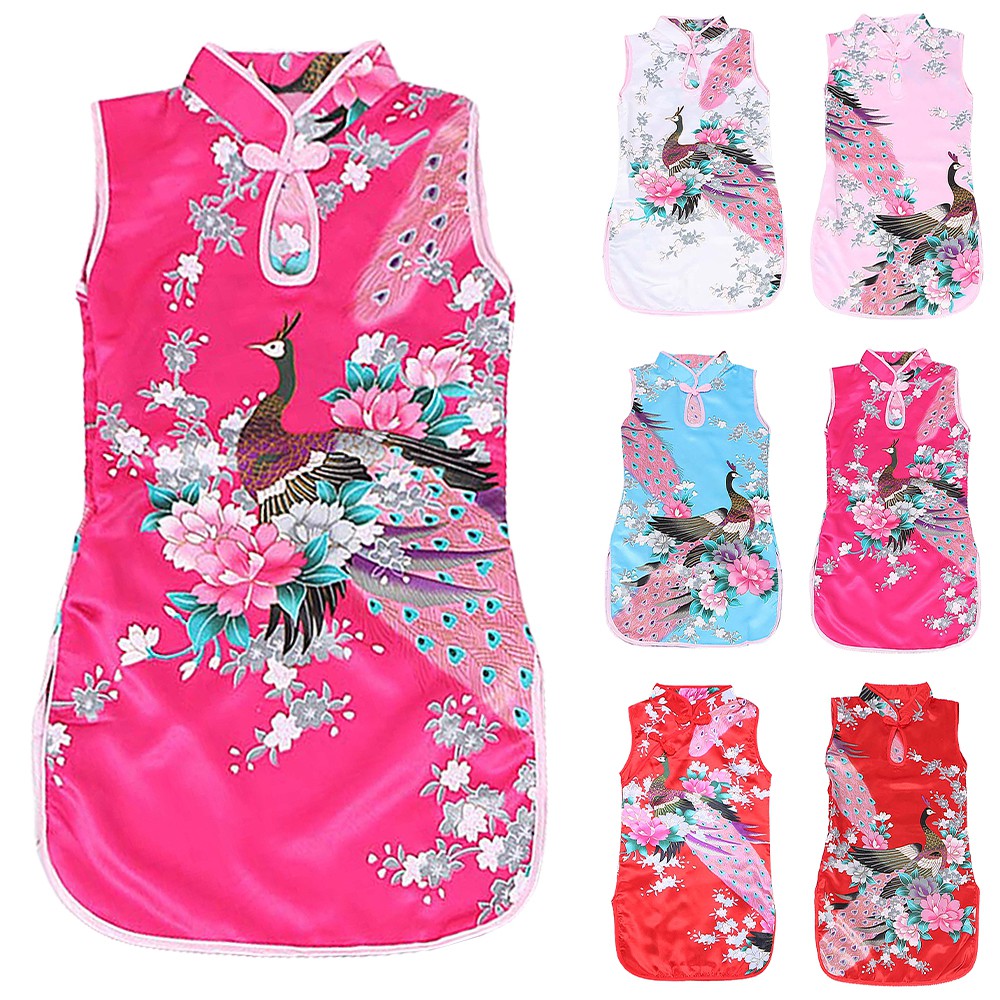 Baju Kids Girl Dresses Cheongsam Sleeveless High Neck Knee Length Floral Bird Print Hollow Out China Style Budak Perempuan