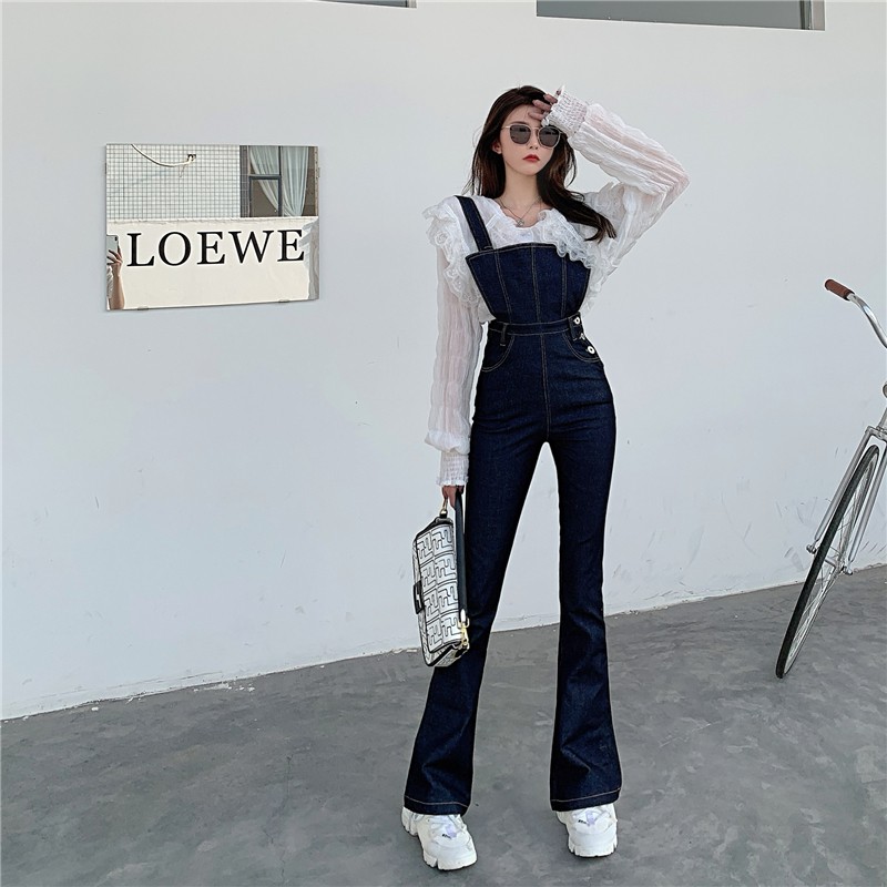 【SW55】Lapel Lace Shirt / Leg-Of-Mutton Sleeves Top + Flared Denim Long Jumpsuit 翻领蕾丝衬衫 / 羊腿袖上衣 + 微喇叭牛仔长款连体裤