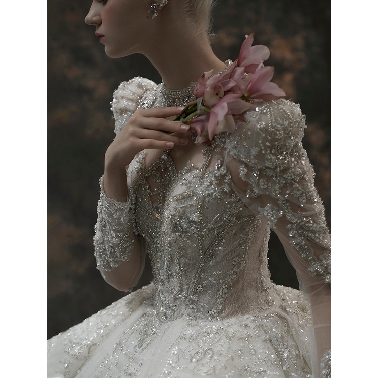 Hot Sale [Light Luxury Wedding Dress] Dress Temperament Bridal Simple Mopping Retro French Main 2021 New Style Trailing High-End Sense Long Sleeve Large Size Palace