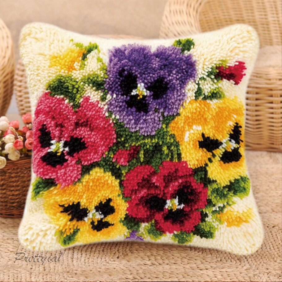 Flower Latch Hook Kit With Basic Tools Making Pillow Cushion