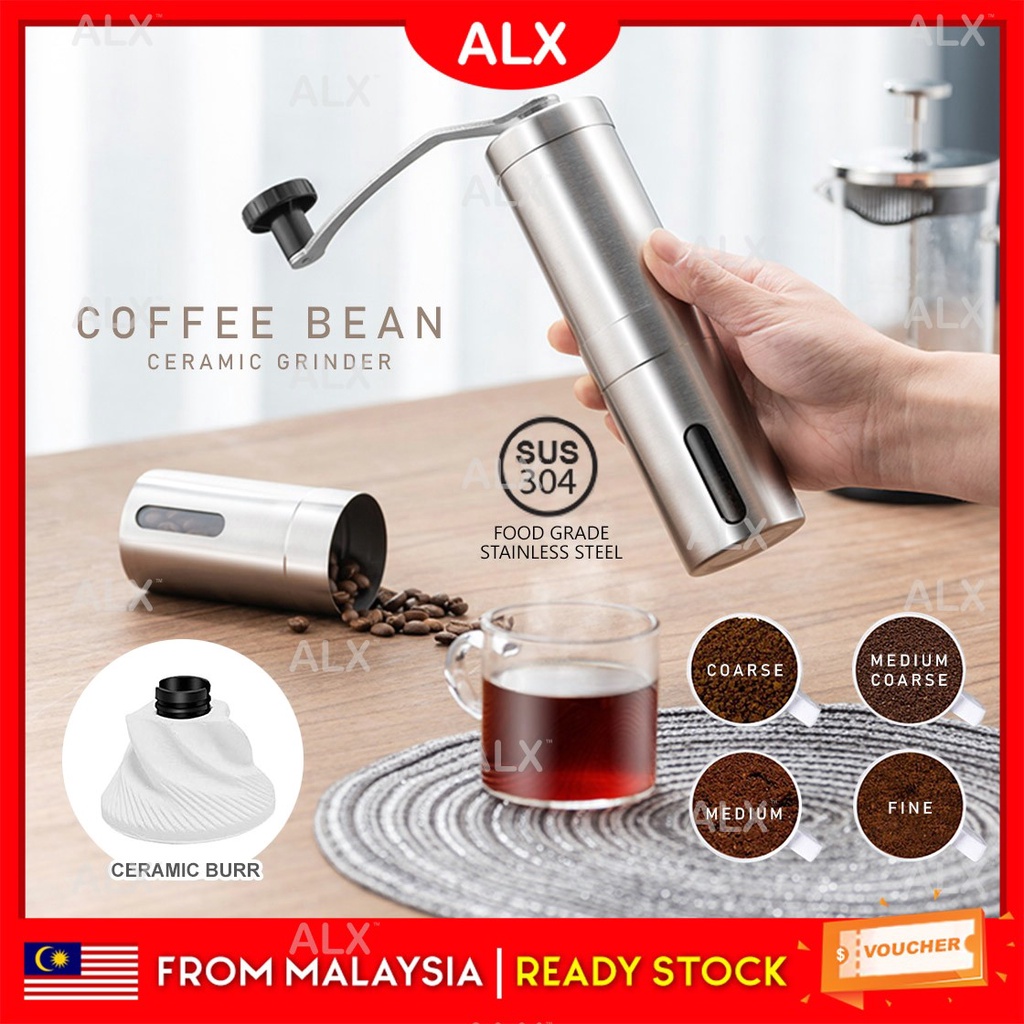 ALX Ceramic Burr Adjustable Coarse to Fine Coffee Bean Hand Grinder 304 Stainless Steel Manual Coffee Grinder 陶瓷咖啡磨豆研磨机