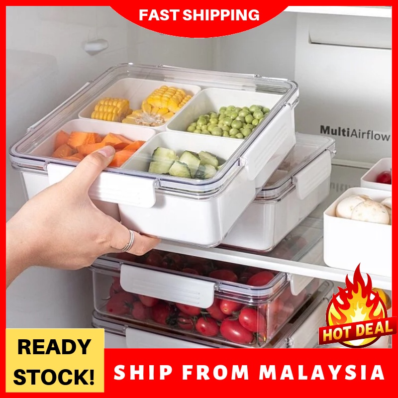 Square Plastic Divided Serving Tray with Lids, 4 Individual Dishes Food