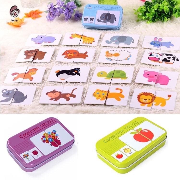 Flash Cards Early Learning Enlightment Toy Card with Iron Box Suitable for Kids Children Toddler Match Game Puzzle Cards #2 Blue Box