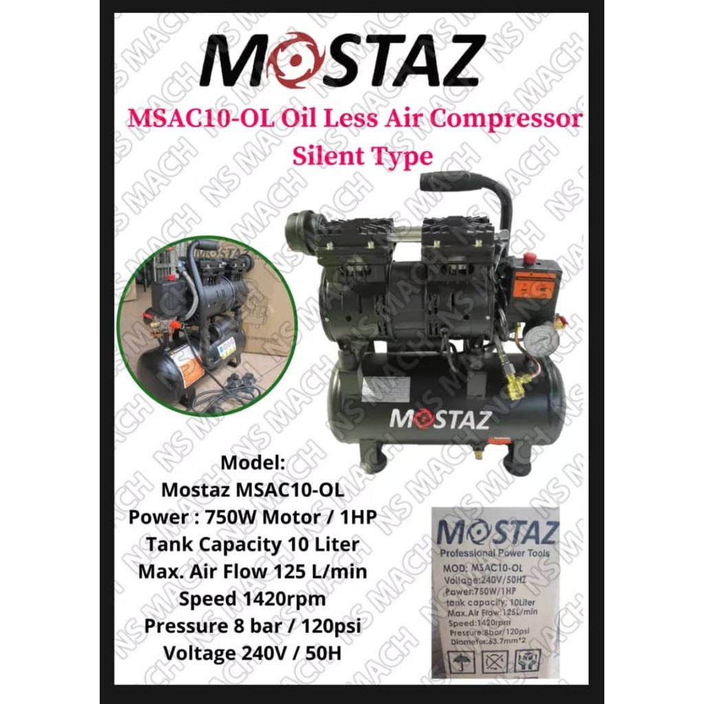 Mostaz Moto MSAC10 OL Oil Free Air Compressor 750W Motor 1HP 8Bar