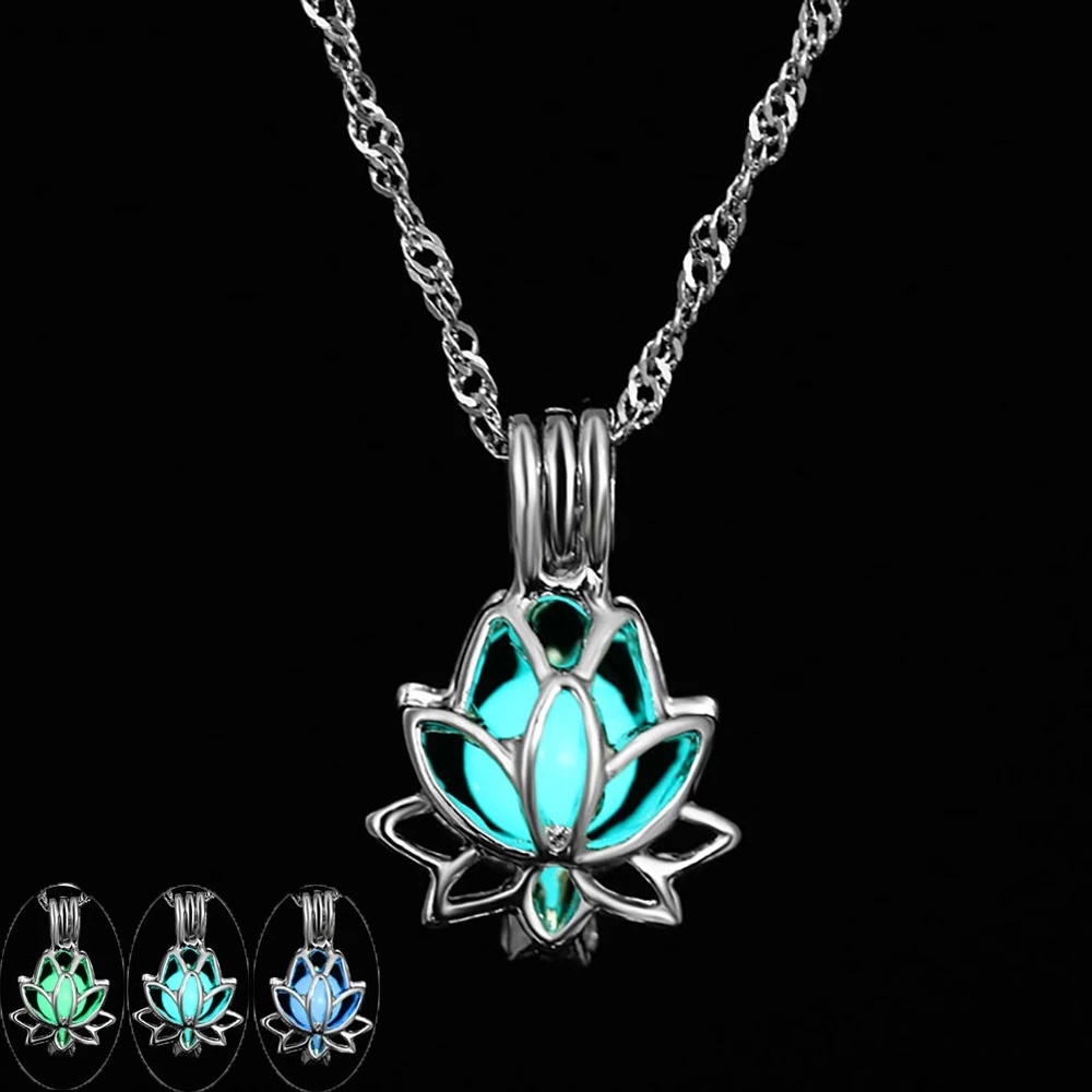 Creative Personality hollow Lotus Shape Luminous Necklace / Women Elegant Charm Clavicle Necklace/ vintage simple Glowing Stone Pendant