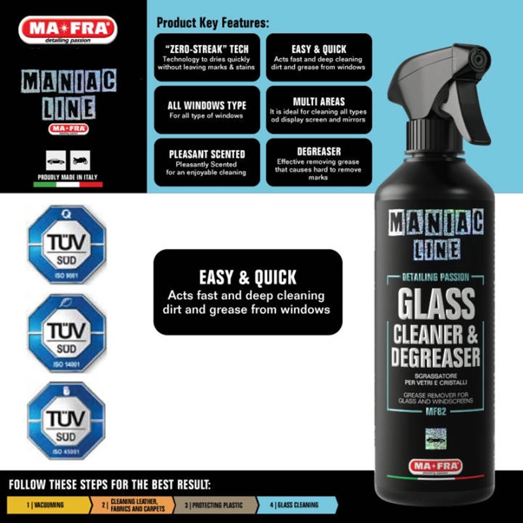 Mafra Maniac Line Glass Cleaner And Degreaser 500ml Dries Quickly On Glass And Crystal With