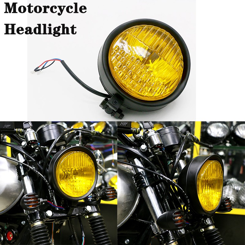 Black Cafe Racer Headlamp With Grill Amber Lens Reviewmotors.co