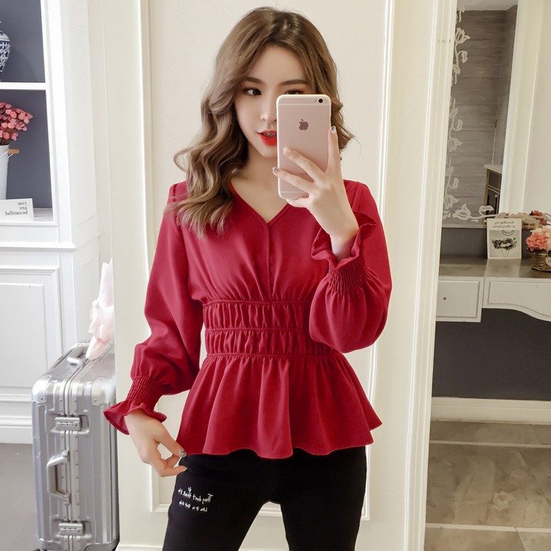 Fashion Blouse  Murah  Baju  Putih Korean Women Shirt  V Neck 