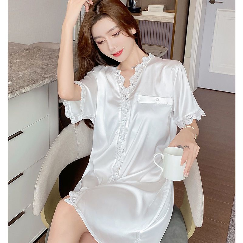 **2021 nightdress women's spring and summer ice silk sexy thin white shirt net red hot style mid-length pajamas high sense