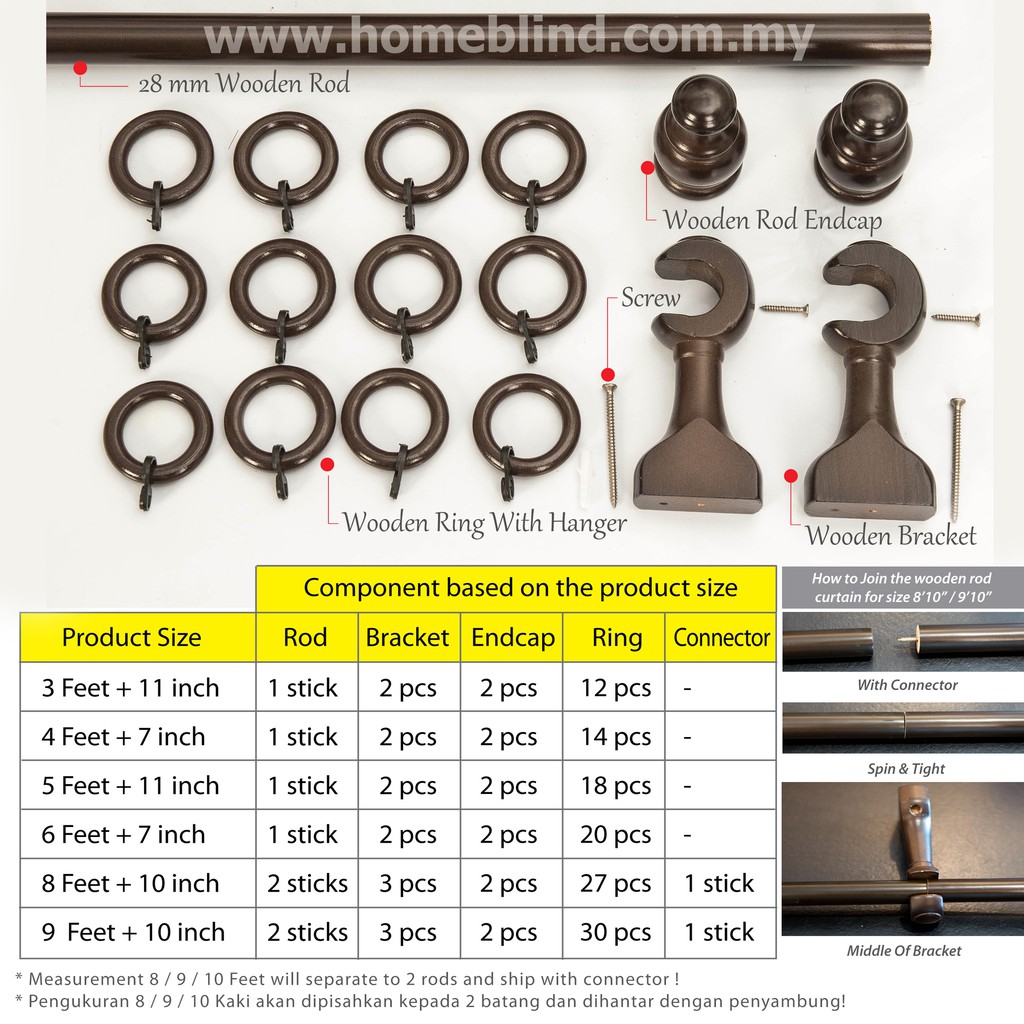 Wooden Curtain Rod 28 Mm Full Set Accessories Kayu Langsir 6