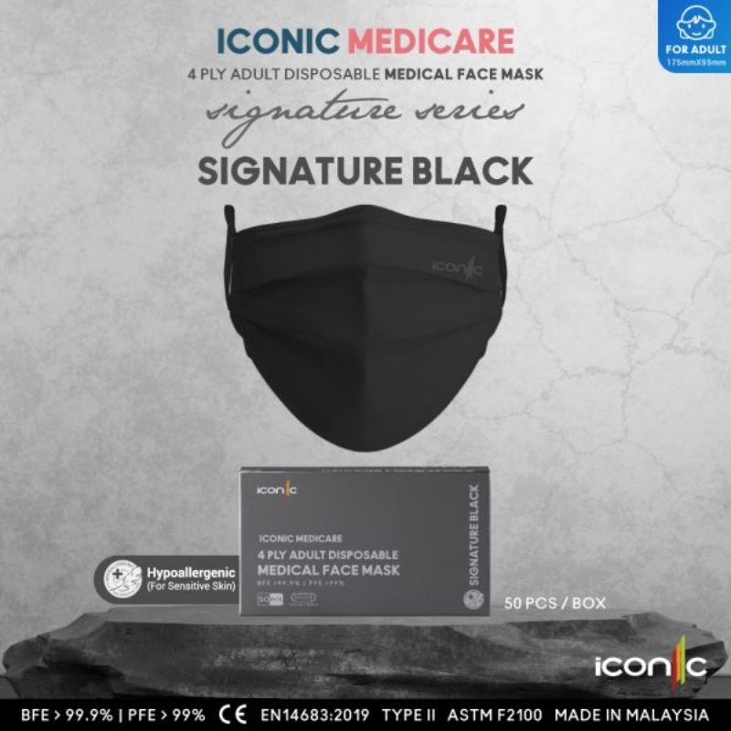 Iconic Signature Black Adult 4 Ply Medical Disposable Face Mask