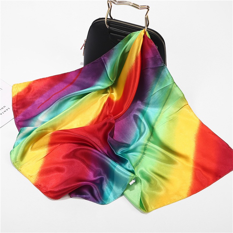 Jifang Gradient Rainbow Square Satin Scarf Small Head Neck Scarf Handkerchief Bandana 60x60cm WJ306