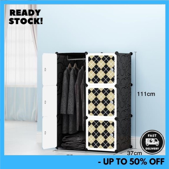 CHECKER BLACK 6C DIY Rack Storage Wardrobe With Almari Hanger