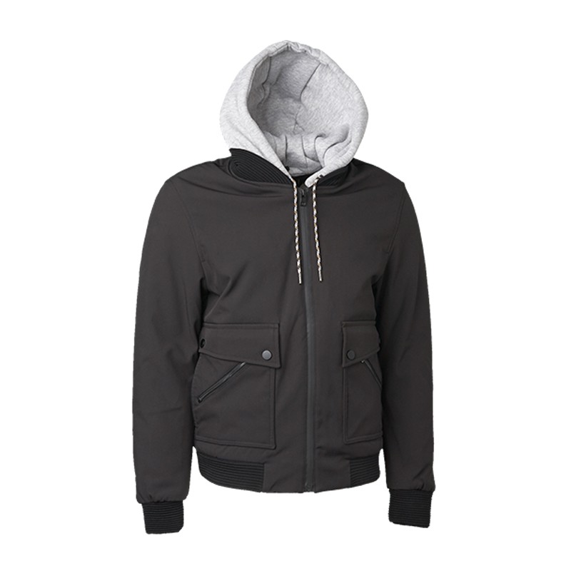 bomber jacket with jersey hood