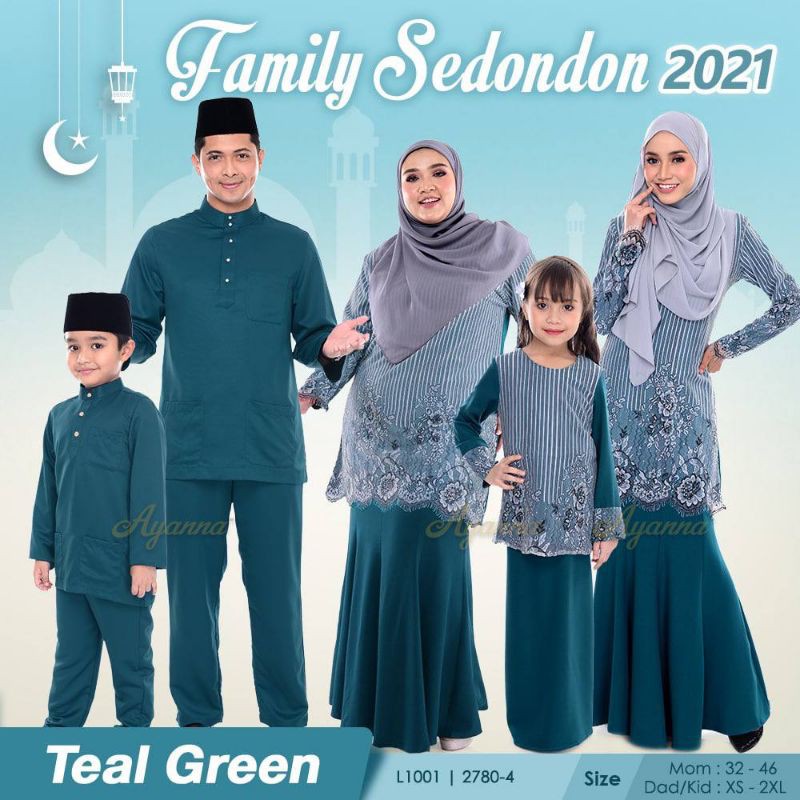 Baju Raya Sedondon Keluarga Ibu Ayah Anak Warna Teal Green By Ayanna