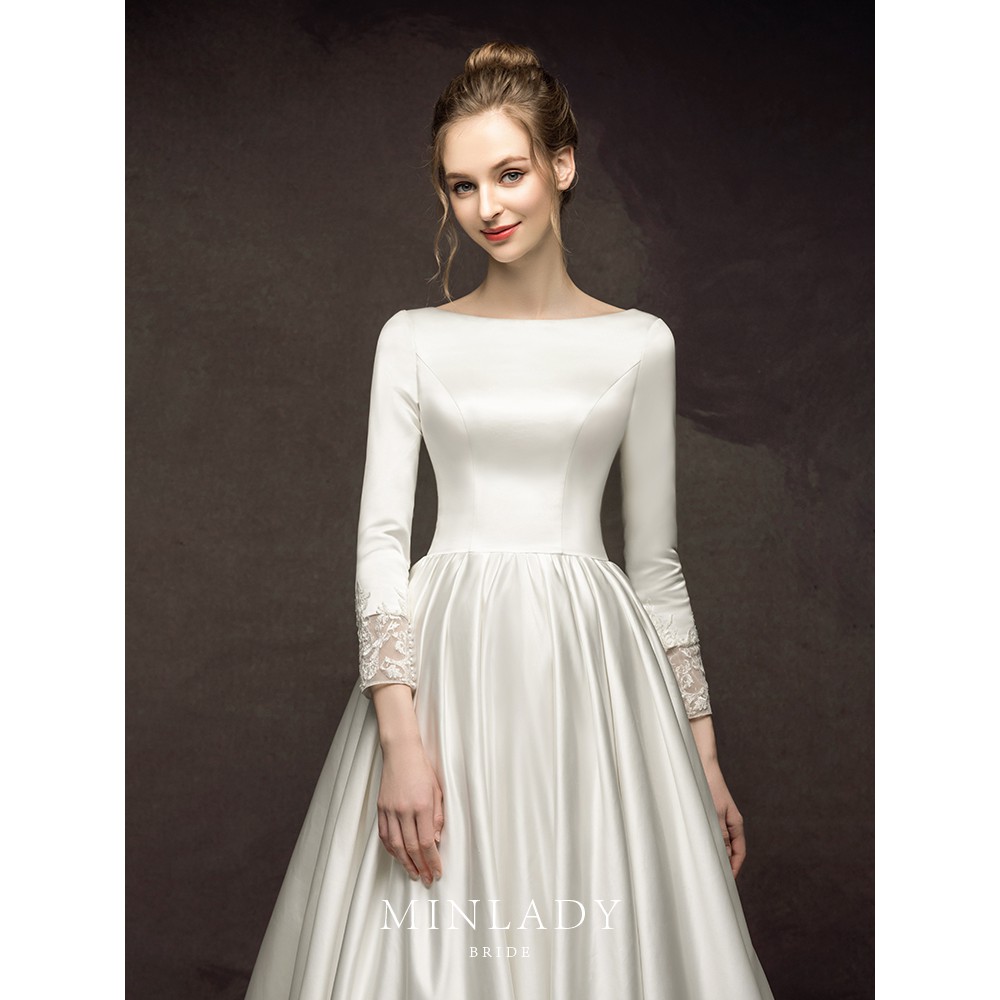 Satin Wedding Dress 2019 New Bride Wedding Long Sleeve Trailing
