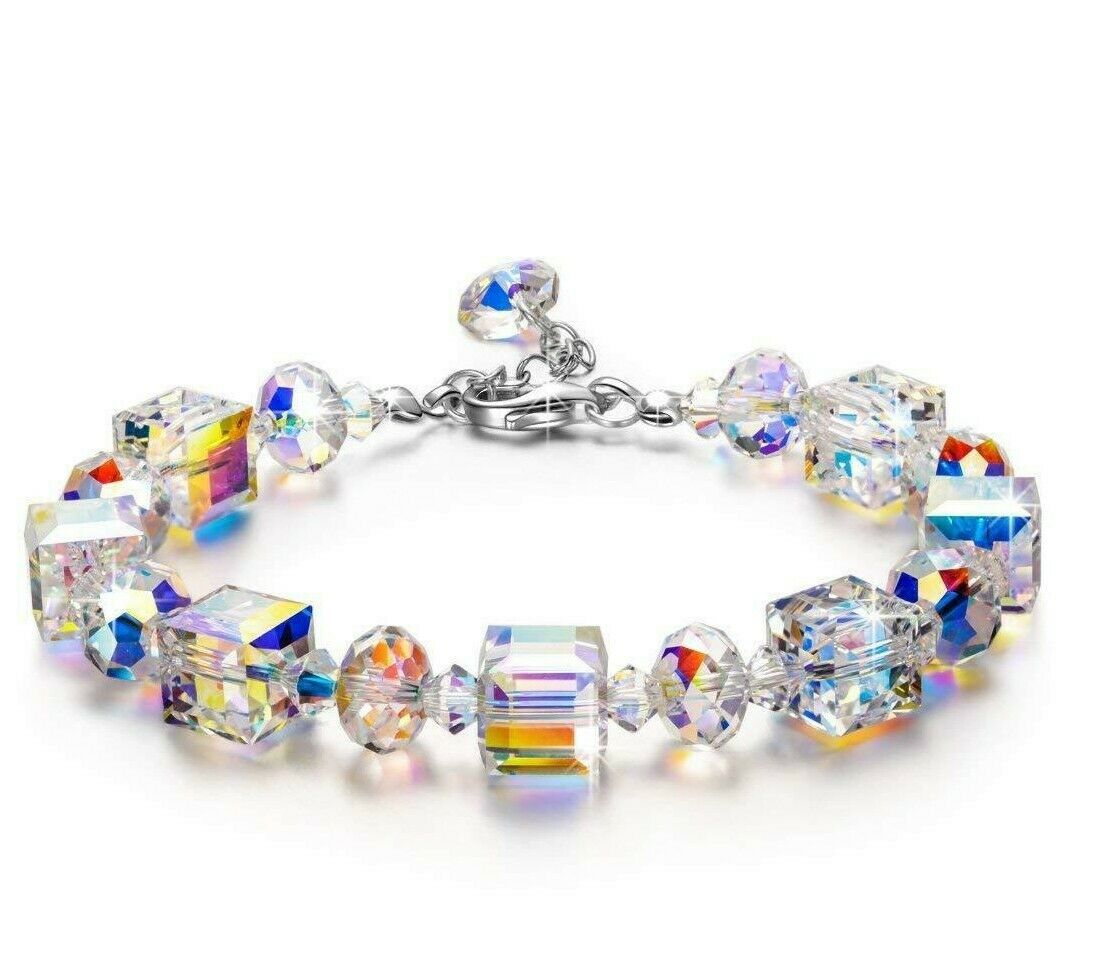 Bracciale a cubo di cristallo Dolce caramella scintilla Elemento geometrico Catena di vetro Gioielli di moda color argento_voghion.com