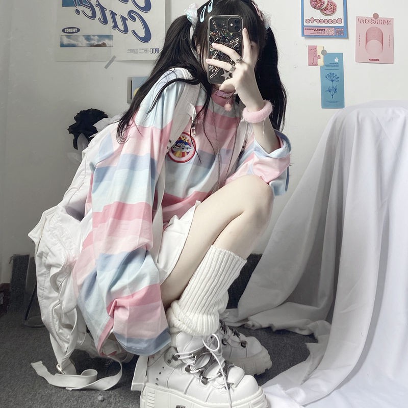 Soft Sister Girl Sweet Harajuku Style Long Sleeved T Shirt Women S Striped Bottoming Shirt Cartoon E软妹少女甜美原宿风长袖t恤女条纹打底衫卡通刺绣学生上衣 6号公馆女装旗舰店 Hl21 8 4 Shopee Malaysia