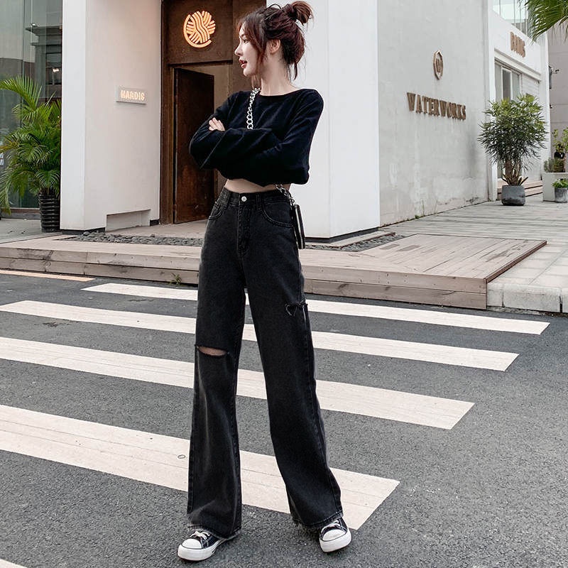 Ripped jeans loose wide leg pants high waist straight cut mopping denim ...