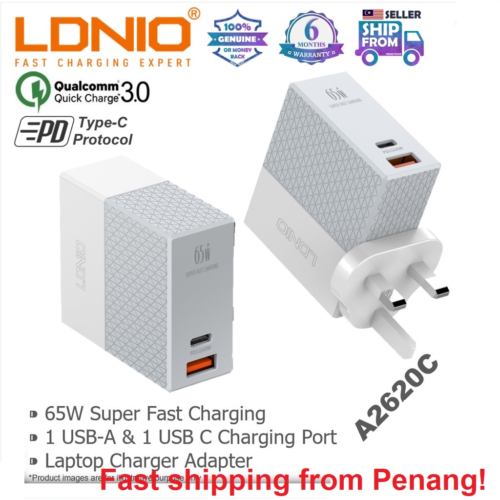 LDNIO A2620C Double Dual 2 USB C A Type C 65W PD Fast Charger UK Plug