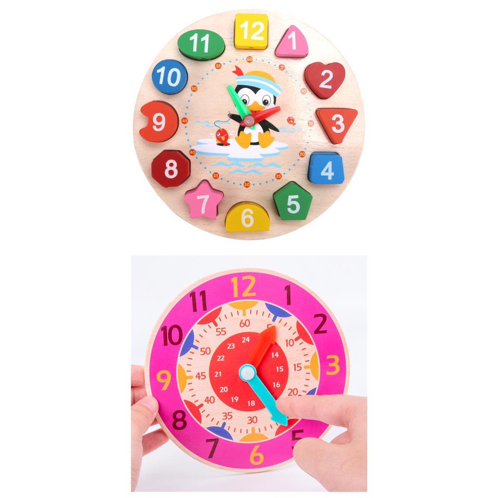 Montessori Wooden Clock Learning Time Number Shape Color Kid Educational Toy 