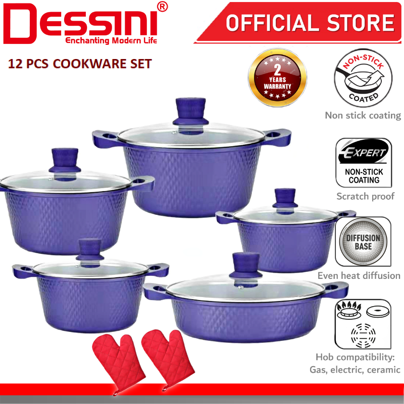 DESSINI ITALY Granite Aluminium Non Stick Casserole Pot Bowl Deep Fry Pan Cookware Tool  (12 Pcs)