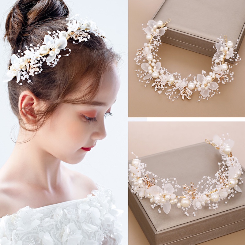 Romantic Wedding Bridal Pearl Flower Headband Crown Hair Accessories / Girl Handmade Adjustable Crystal Headpiece / Women Wedding Festival Party Kid birthday Garland Headpiece