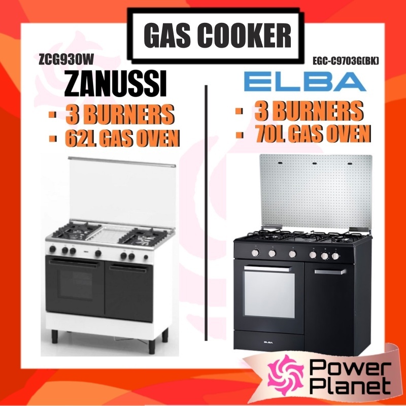 Zanussi ZCG930W 3 Burner Freestanding Gas Cooker (62L Gas Oven) / Elba 3 Burner (70L Gas Oven) EGC-C9703G (BK)