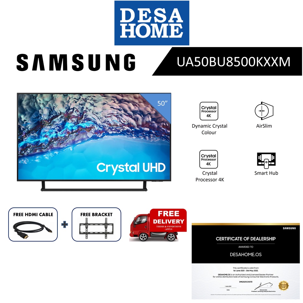 SAMSUNG TV 50 Inch UHD Crystal Processor 4K Smart TV Air Slim [Free