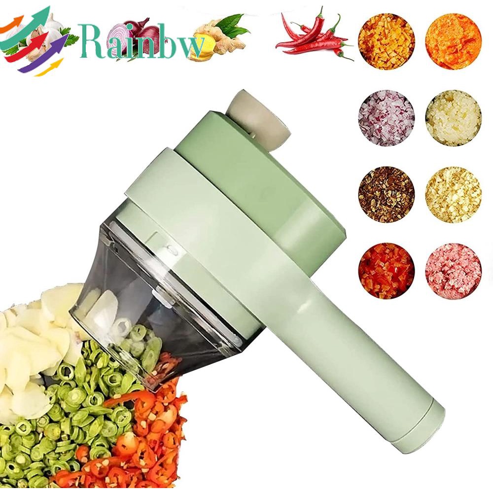 RAINBBWW~4 in 1 Handheld Electric Vegetable Cutter Set,Gatling Vegetable Cutter Mini Wireless Electric Garlic Mud Masher Garlic Chopper Cutting Pressing Mixer Auxiliary Food Slicer