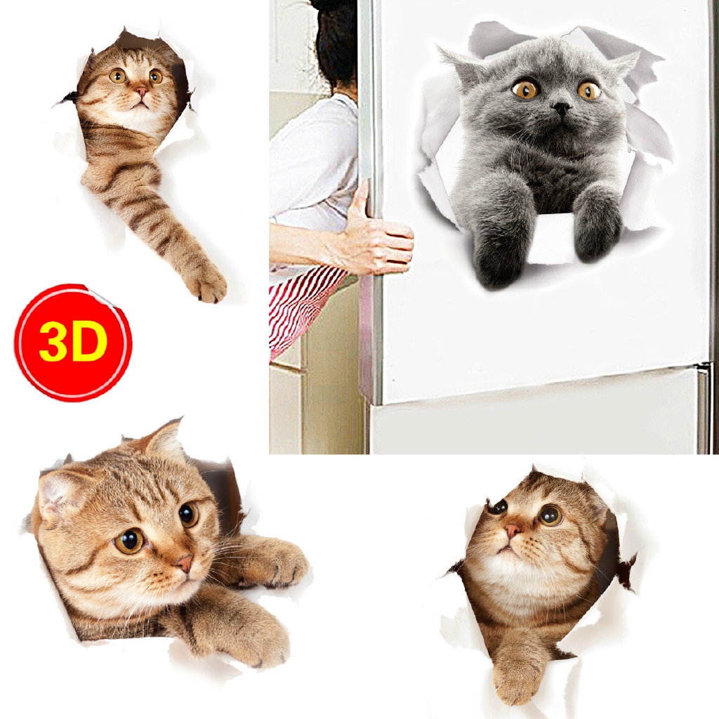 3D Wall Stickers Vinyl Cute for Bedroom Fridge Cat Decal Home Mural Art Decor