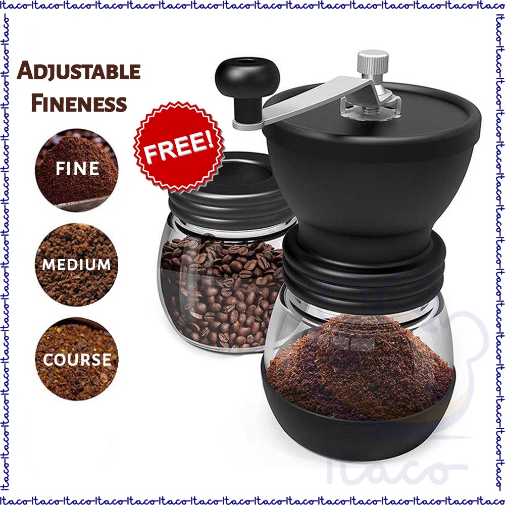 ITACO 3 Pcs Set Washable Manual Ceramic Coffee Mill Stainless Steel Coffee Grinder With Free 2 Glass Bottles Containers